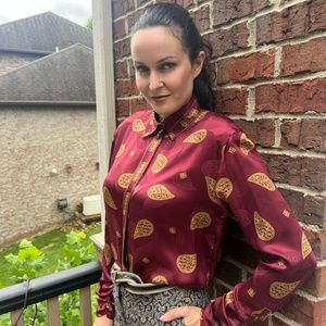 Vintage Louis Féraud 100% Silk Red Blouse With Paisley-like Pattern